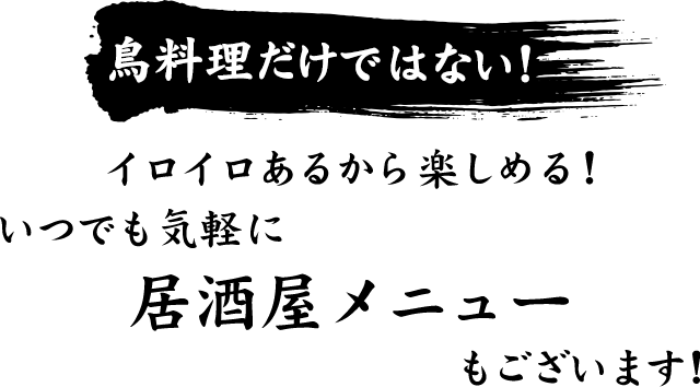 鳥料理だけではない！イロイロあるから楽しめる！いつでも気軽に居酒屋メニューもございます！